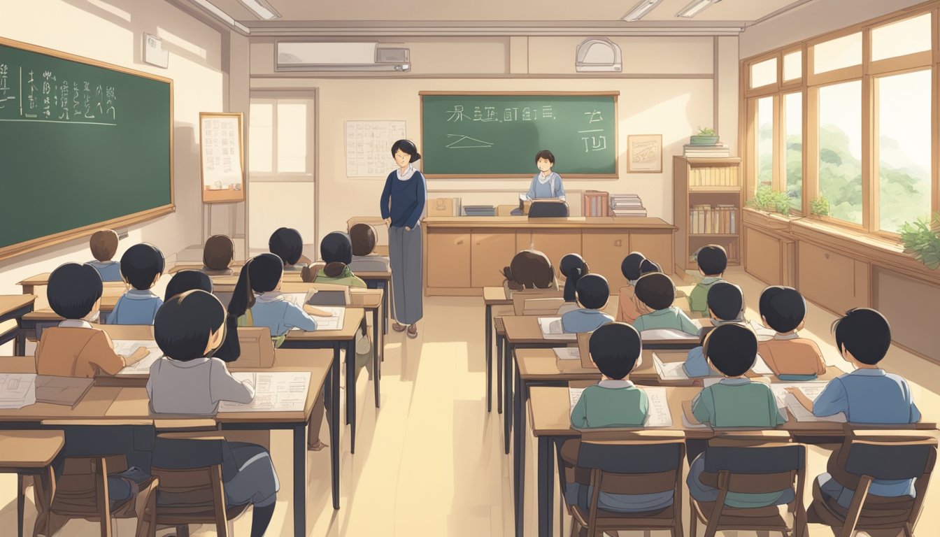 A classroom with Japanese text on a blackboard, students sitting at desks, and a teacher explaining tuition fees