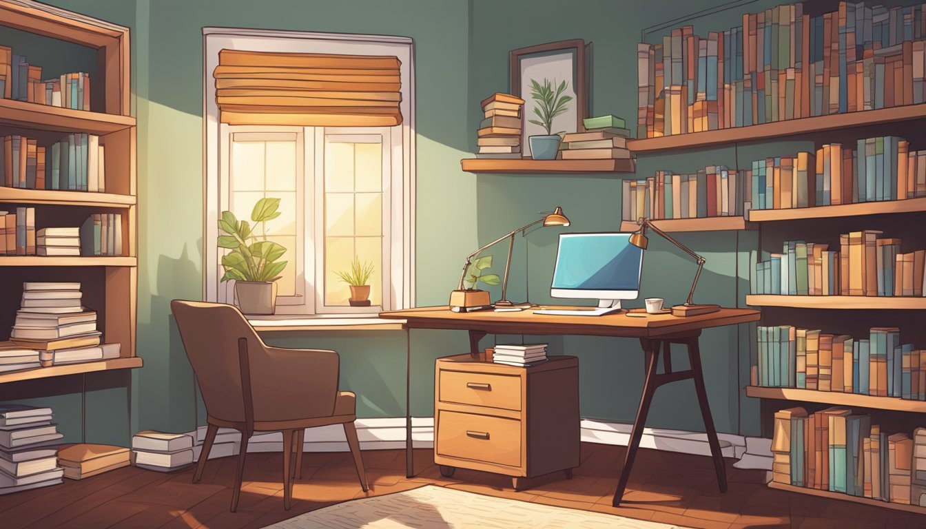 A cozy study room with a desk, chair, and bookshelves. A table lamp illuminates the space, and a stack of textbooks sits on the desk