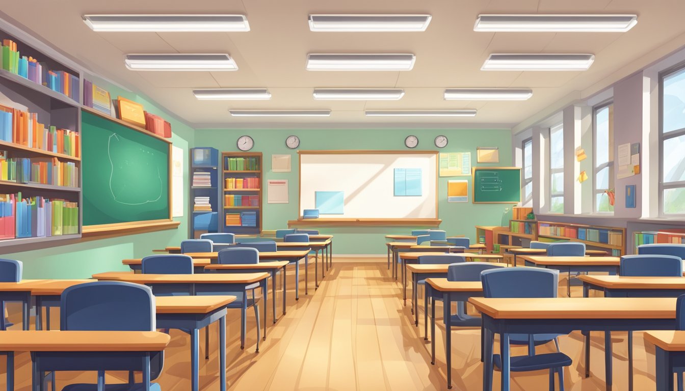 Brightly lit classroom with rows of desks and a whiteboard at the front. Books and educational materials are neatly organized on shelves