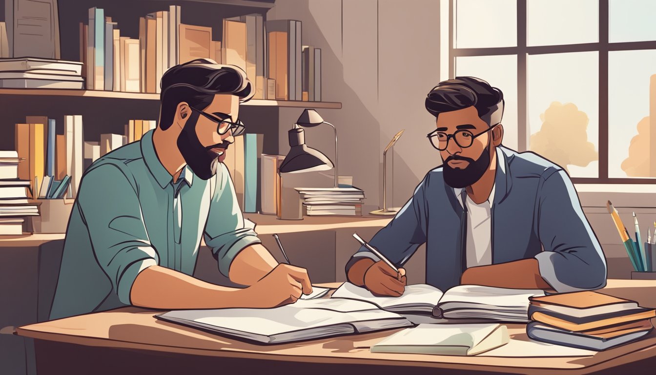 A student and a tutor sit at a table, books and papers scattered around. The tutor explains a concept, while the student listens attentively