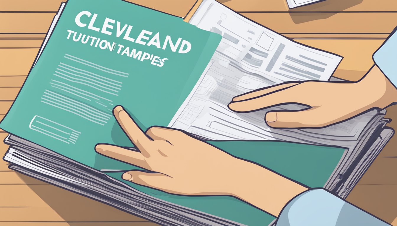 A stack of FAQ papers with "Cleveland Tuition Tampines" printed on top. A person