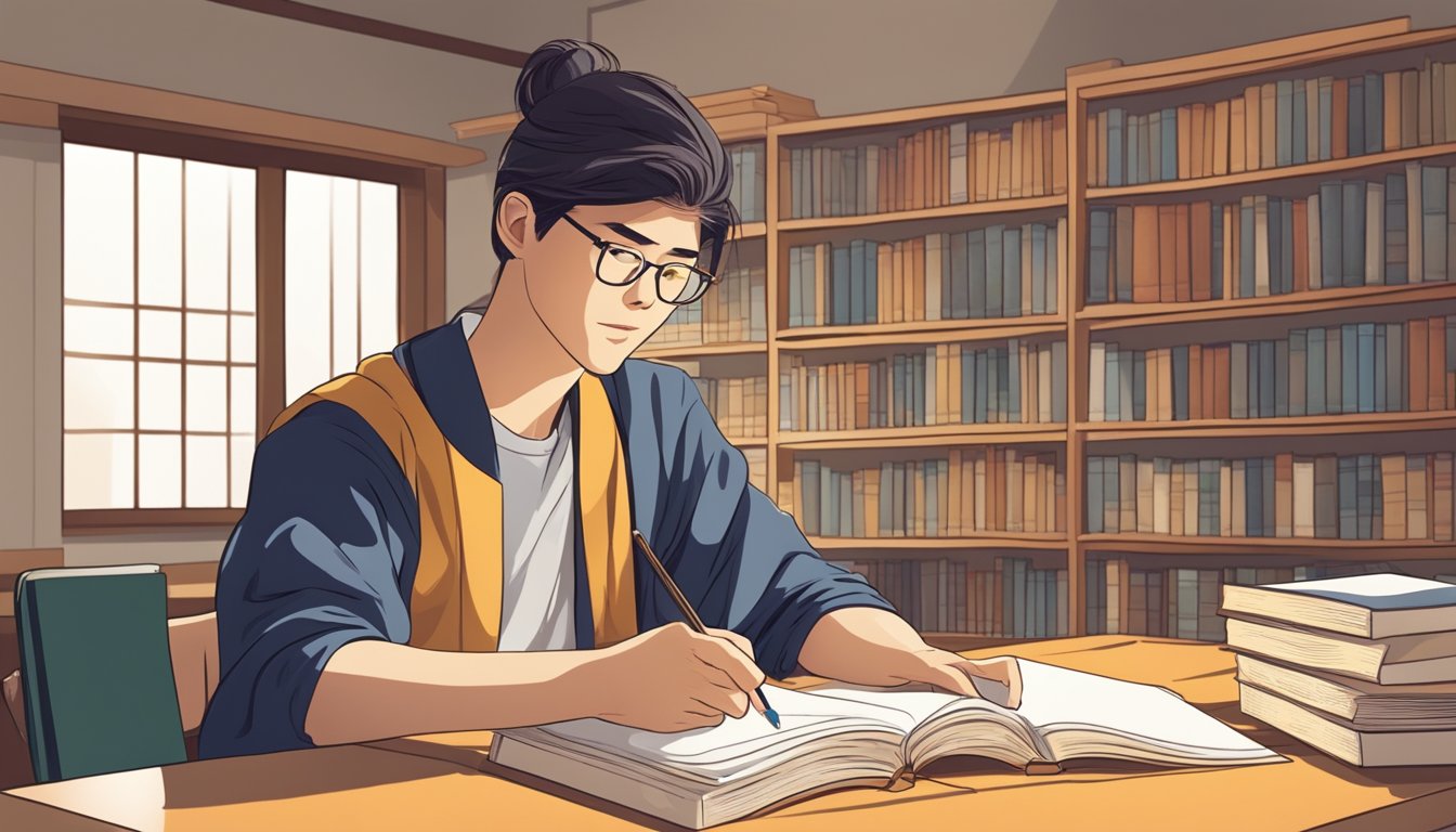 A student studies Japanese with a tutor, using books and flashcards
