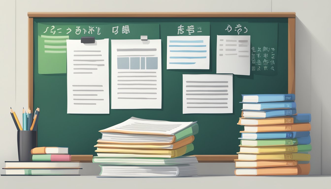 A stack of papers with "Frequently Asked Questions" in English and Japanese, next to a chalkboard with "tuition" written in Japanese