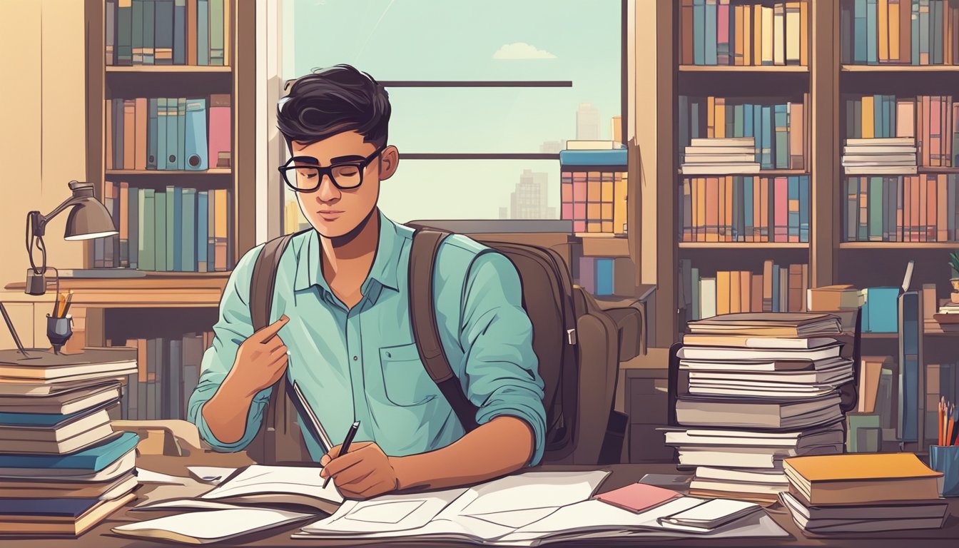 A student sits at a desk, surrounded by books and school supplies. A tutor stands nearby, pointing to a problem on a piece of paper