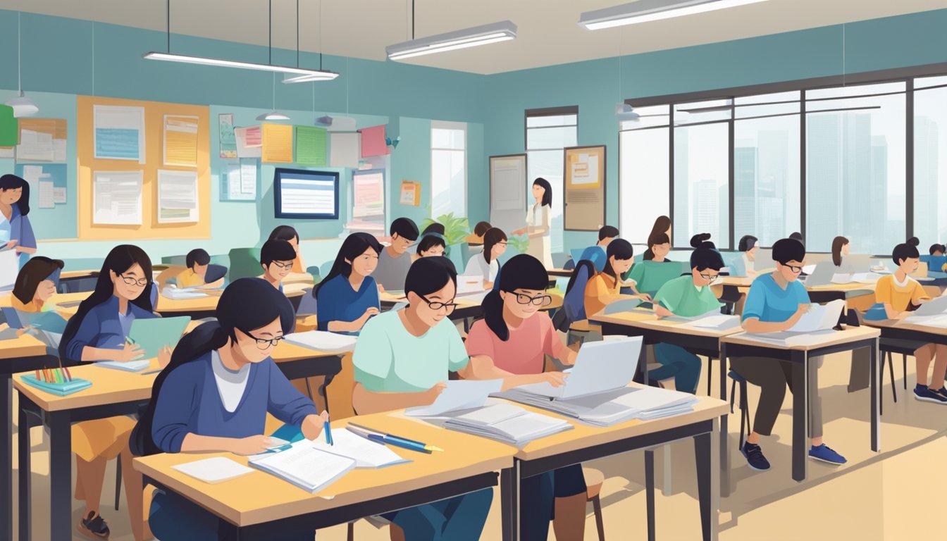 A bustling tuition center in Singapore, with students engaged in various activities, surrounded by a network of excellence and knowledge