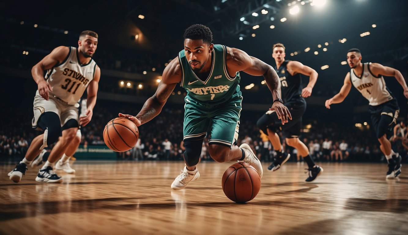 A basketball bouncing on a court, surrounded by players in motion