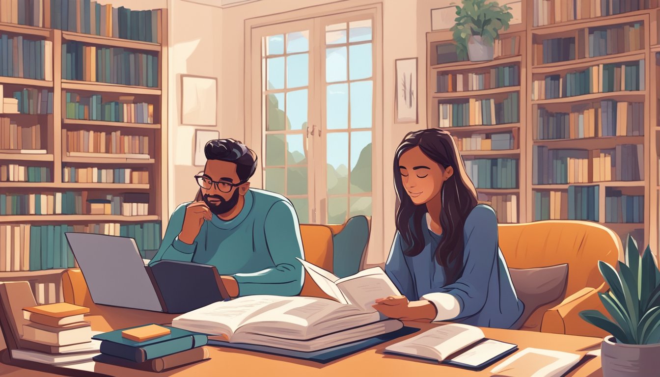 A student and a tutor discussing in a cozy home setting, surrounded by books and study materials