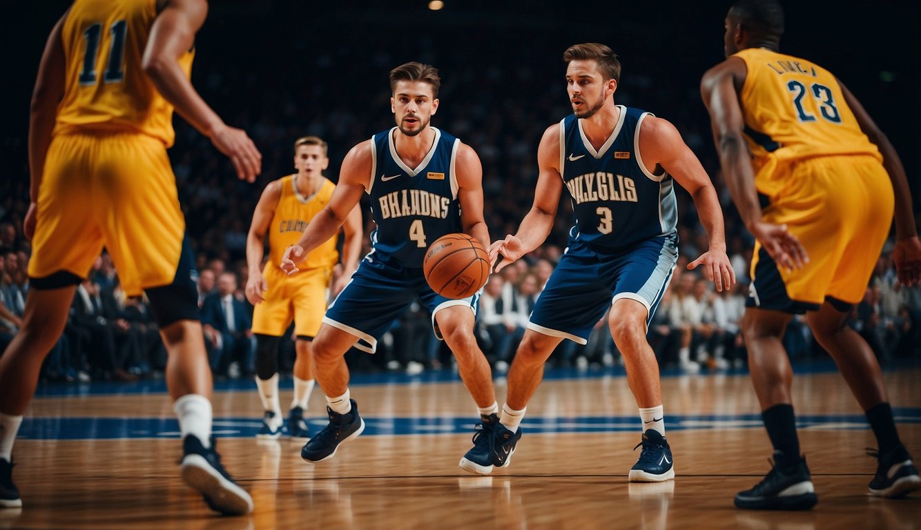 Players passing and dribbling, communicating and strategizing on the court. Energy and teamwork evident in their movements