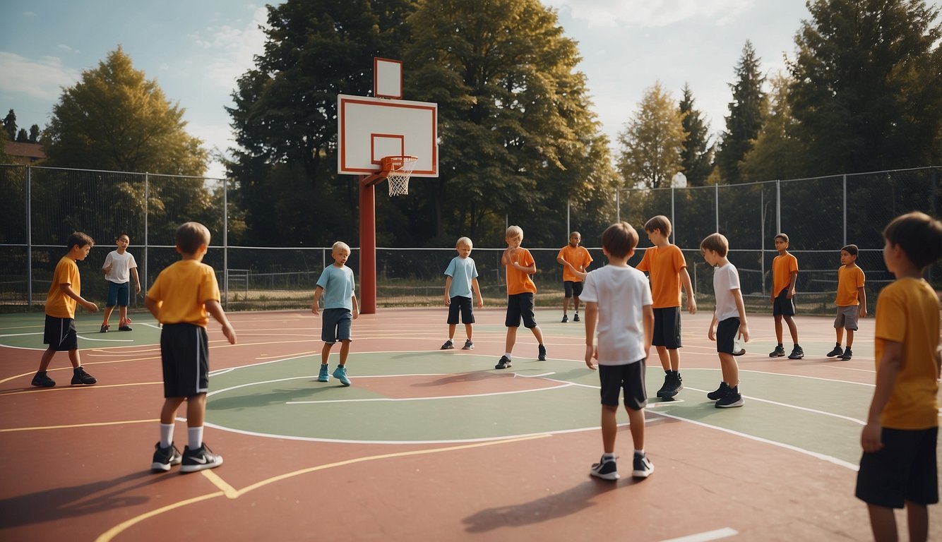 A basketball court with multiple hoops at various heights, surrounded by children, teenagers, and adults playing and practicing basketball