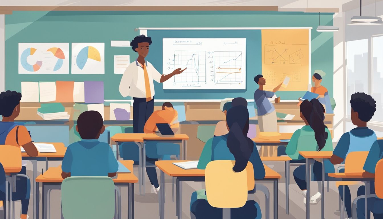 A group of students sit at desks, engaged in learning activities. The teacher stands at the front of the classroom, pointing to a whiteboard covered in equations and diagrams