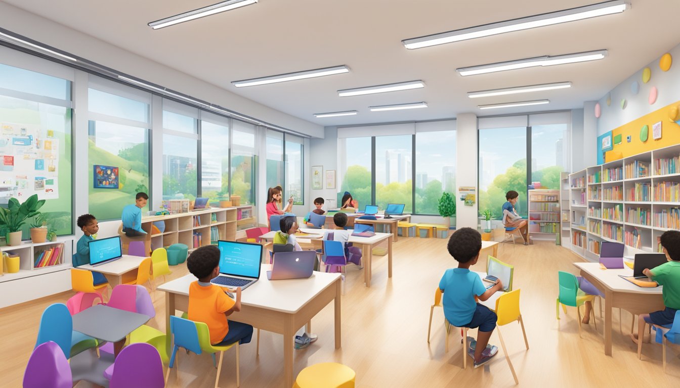 The Novena Tuition Centre bustles with students and tutors in a bright, modern space filled with colorful educational materials and interactive learning tools