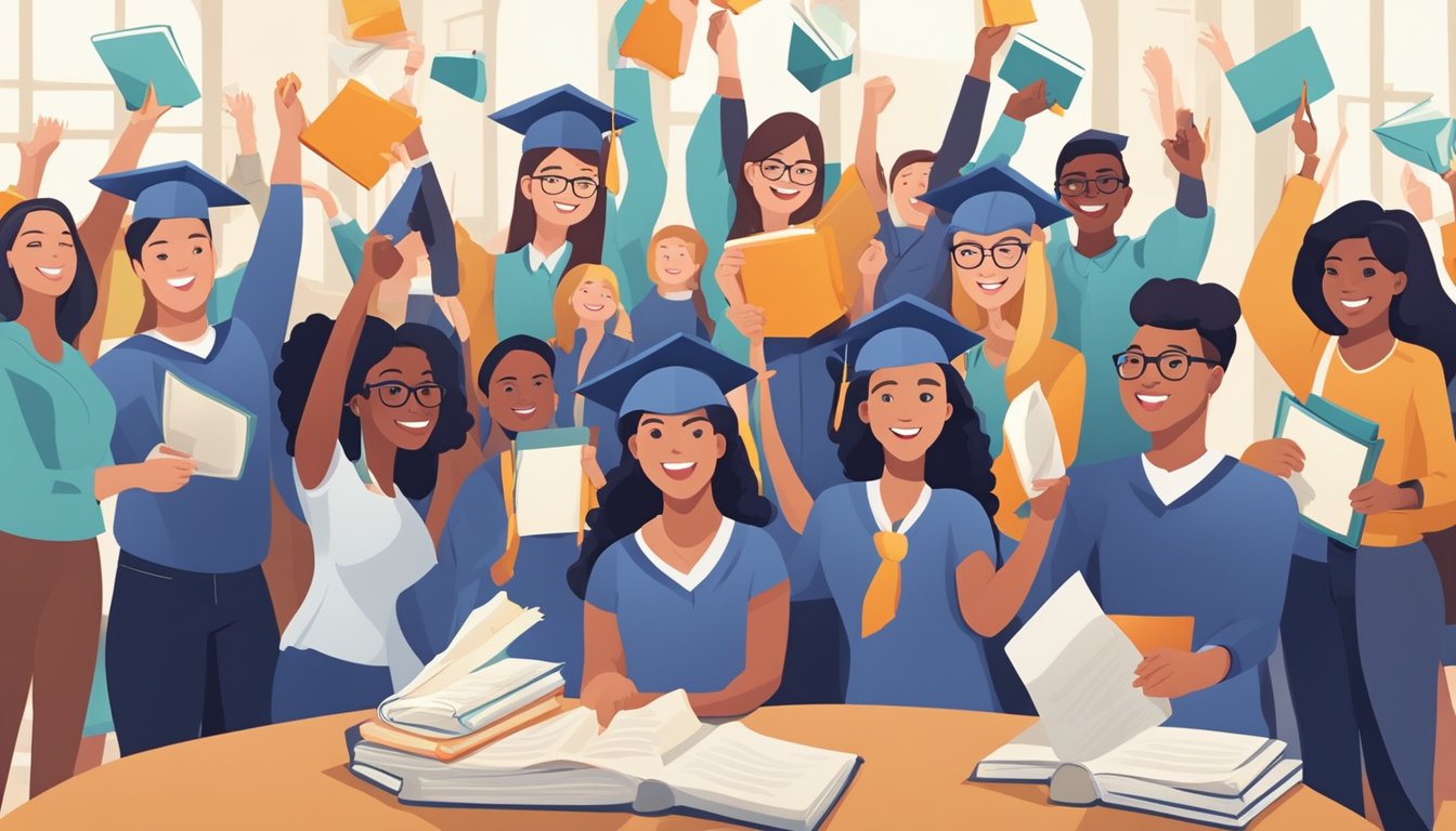 A group of students celebrating with joy, holding their diplomas and surrounded by books and academic symbols, representing the achievement of NYS free tuition
