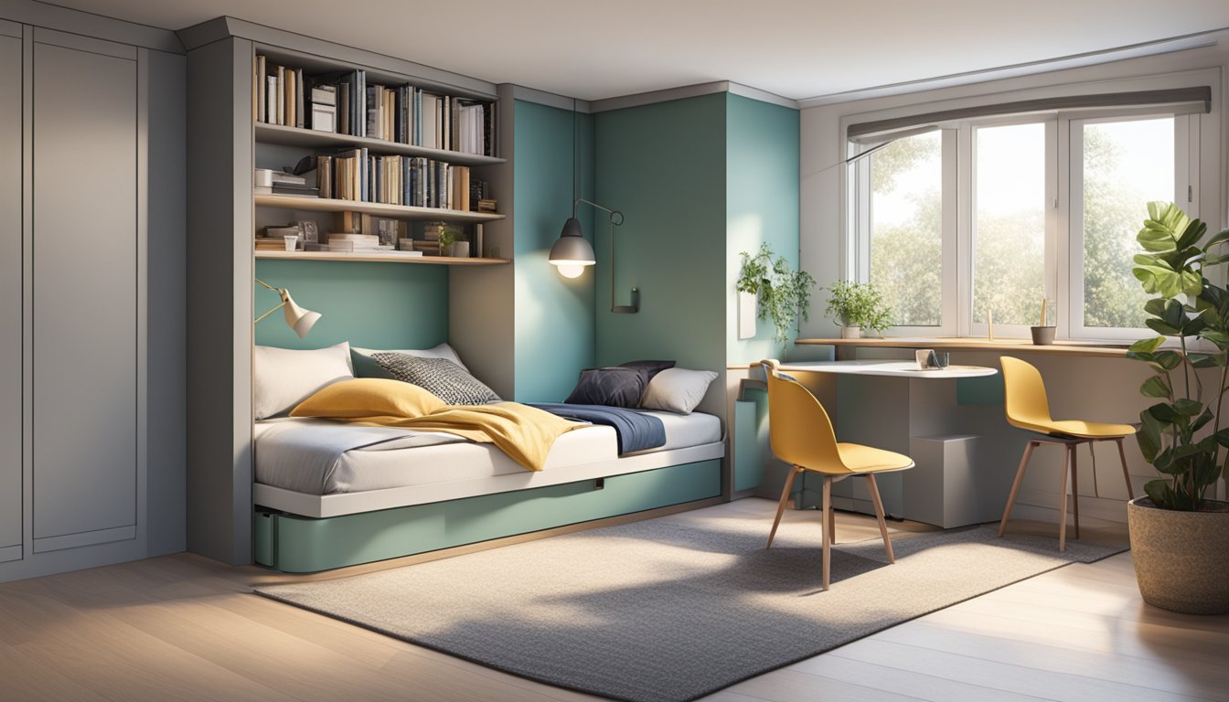 A small room with a chair that transforms into a bed, creating a versatile and space-saving solution. The chair bed is positioned near a window, with a bookshelf and a small side table nearby