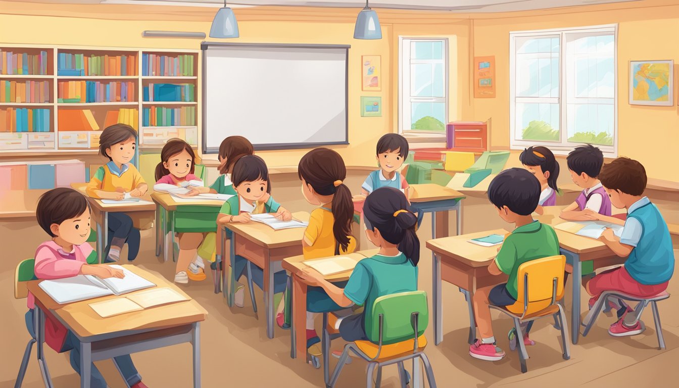 A group of young students engage in interactive learning activities during their primary 4 English tuition class