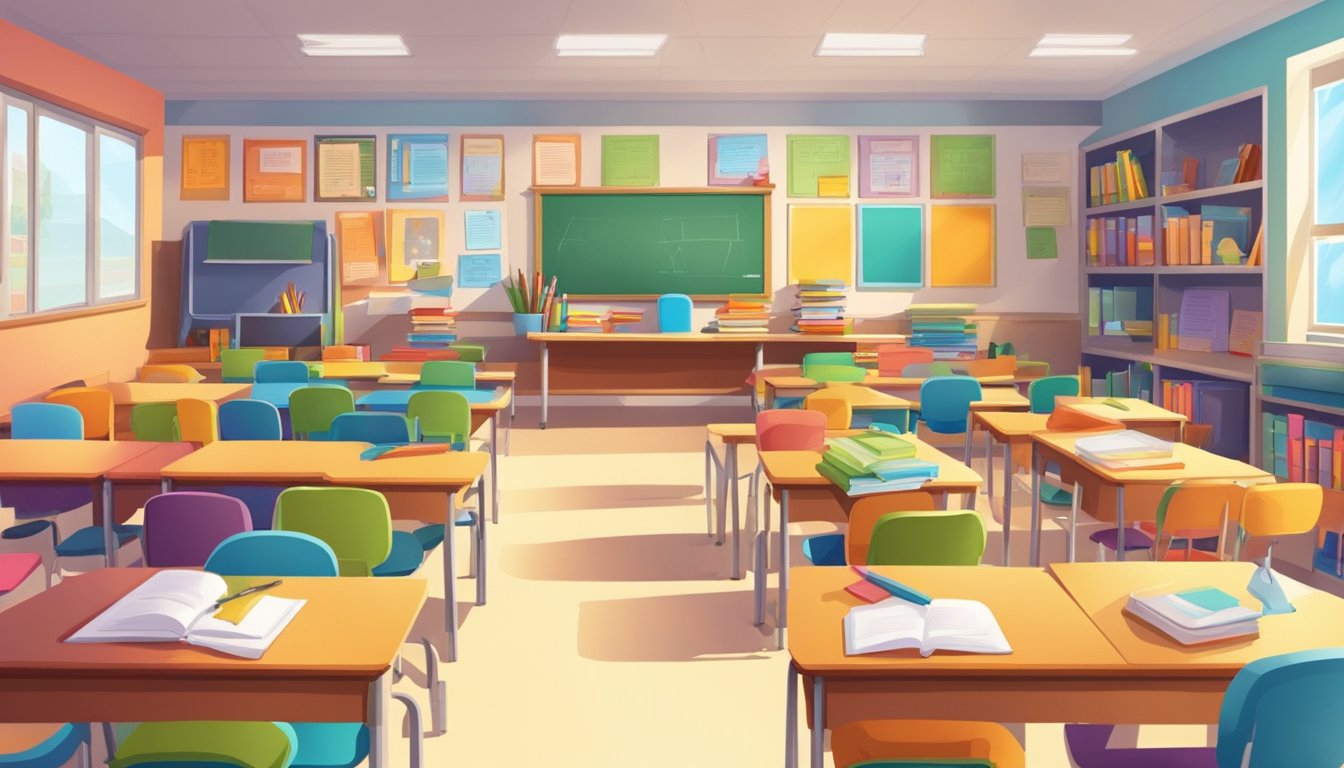A colorful classroom with textbooks, whiteboard, and educational posters. The room is filled with desks and chairs, and a teacher