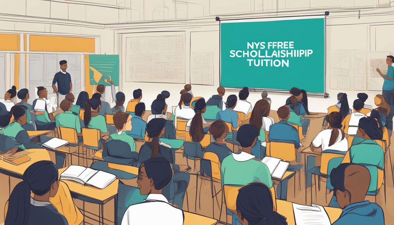 A group of students eagerly listening to a presentation about the Excelsior Scholarship Programme, with a banner displaying "NYS Free Tuition" in the background