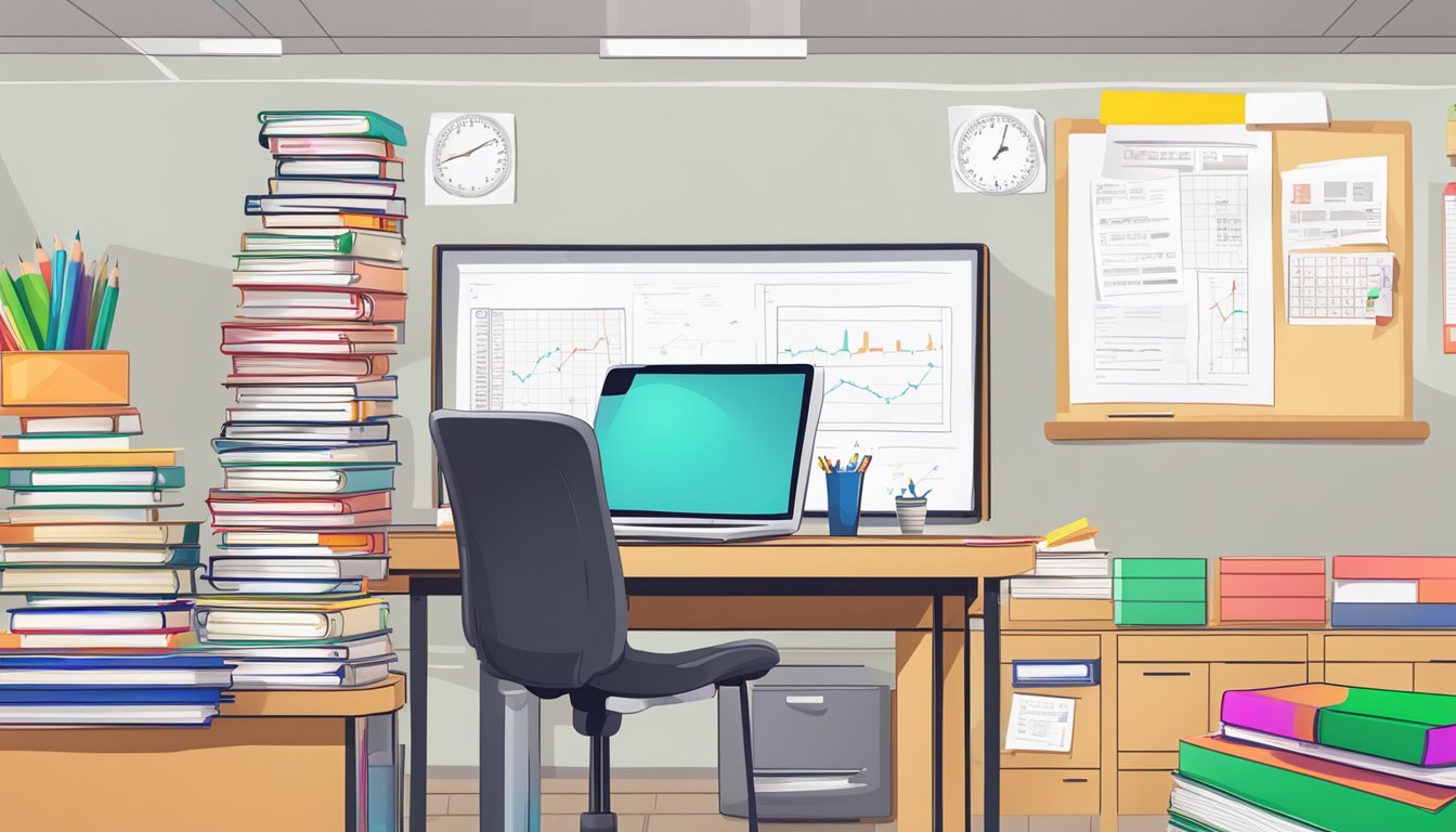 A stack of textbooks, a whiteboard with grammar rules, and a teacher