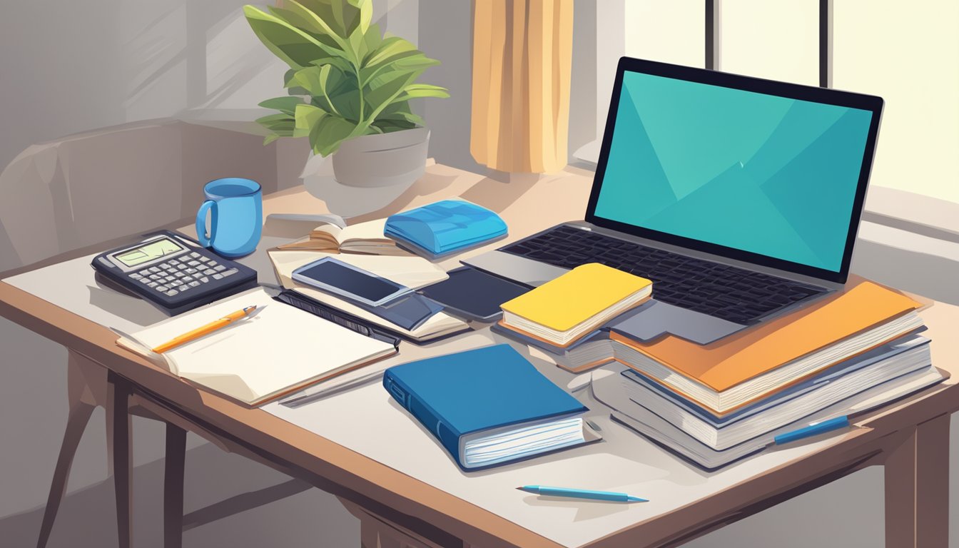 A table with books, a laptop, and a notepad. A pencil and calculator lay nearby. A clock on the wall shows the time