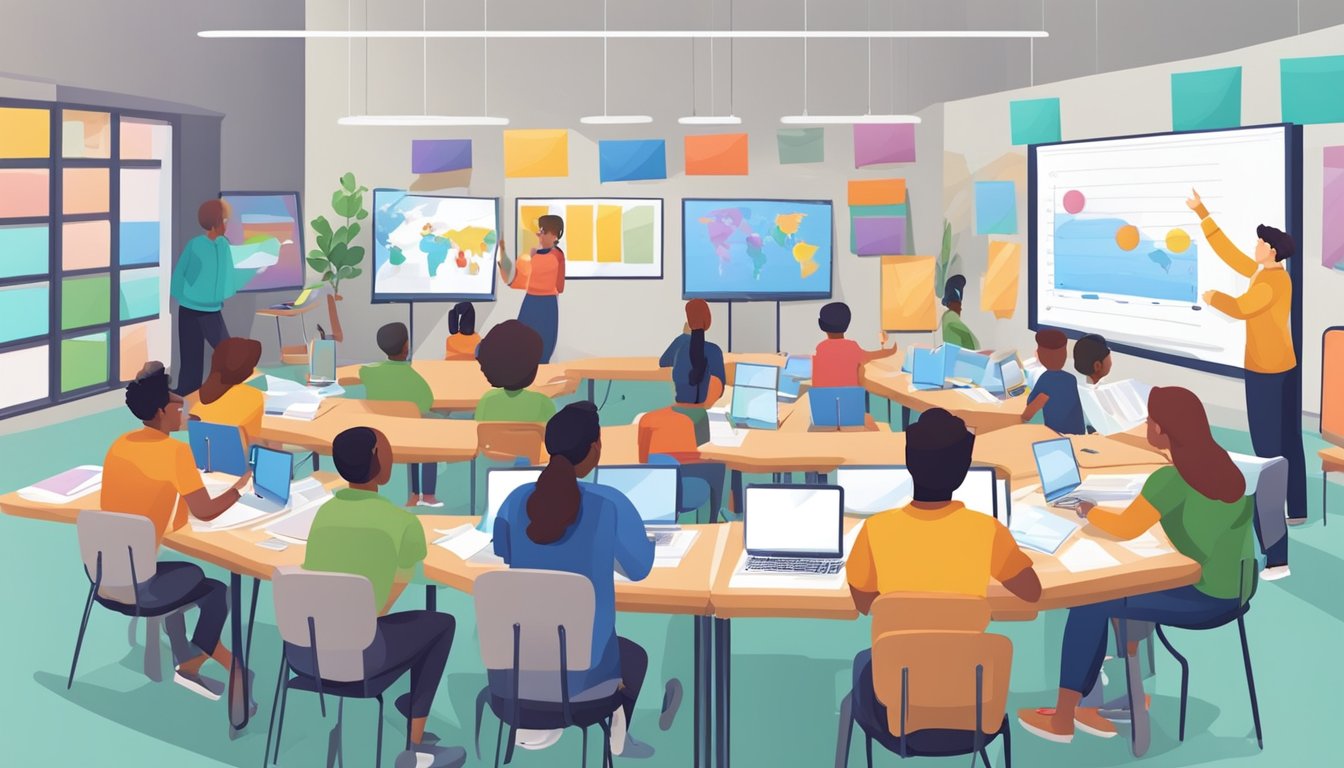 A classroom with colorful posters, books, and interactive whiteboard. Students engaged in group discussions and hands-on activities