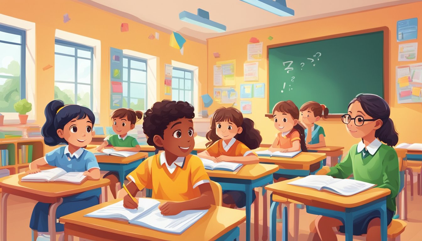 A group of primary 4 students sit attentively in a bright and colorful classroom, eagerly asking questions and engaging in discussions during their English tuition class