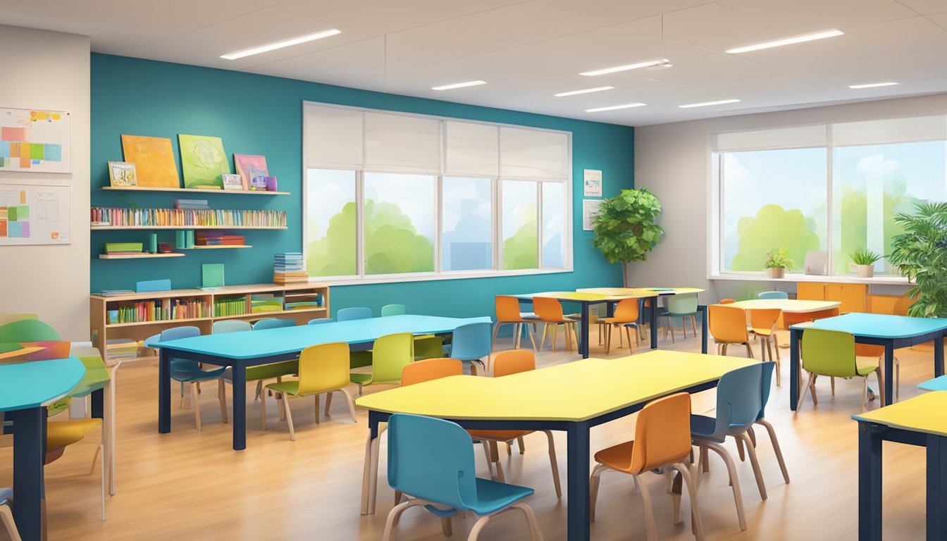 A modern and inviting tutoring center with bright classrooms, colorful educational materials, and a welcoming reception area