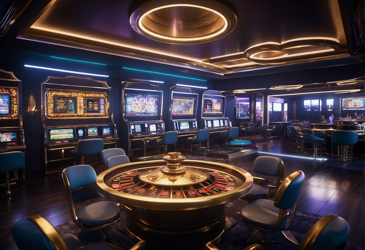 A futuristic casino with blockchain technology integrated into gaming machines, glowing with digital currency symbols and secure transactions