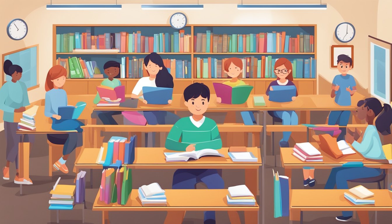 A busy tuition centre with students and parents asking questions at the front desk. Books and educational materials are displayed on shelves