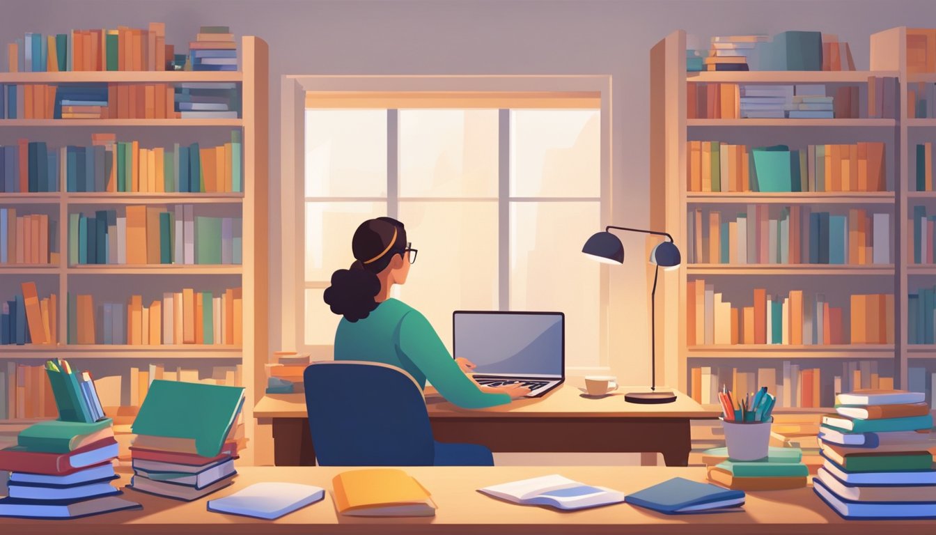A parent sits at a desk, comparing different tutor profiles online. A bright, cozy room with shelves of books in the background
