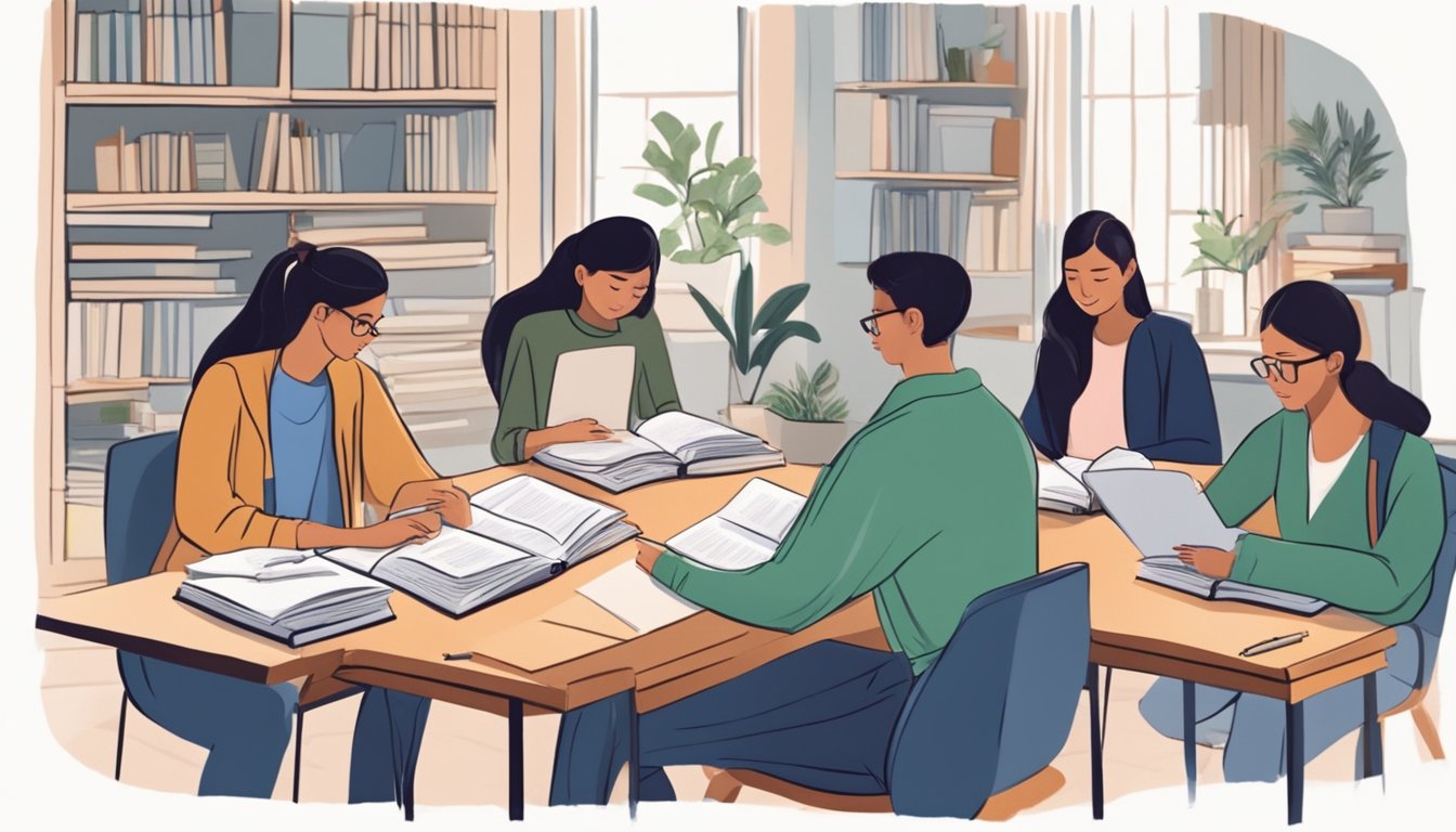 Students studying in small groups at home, surrounded by textbooks and notes, with a tutor guiding them through the material