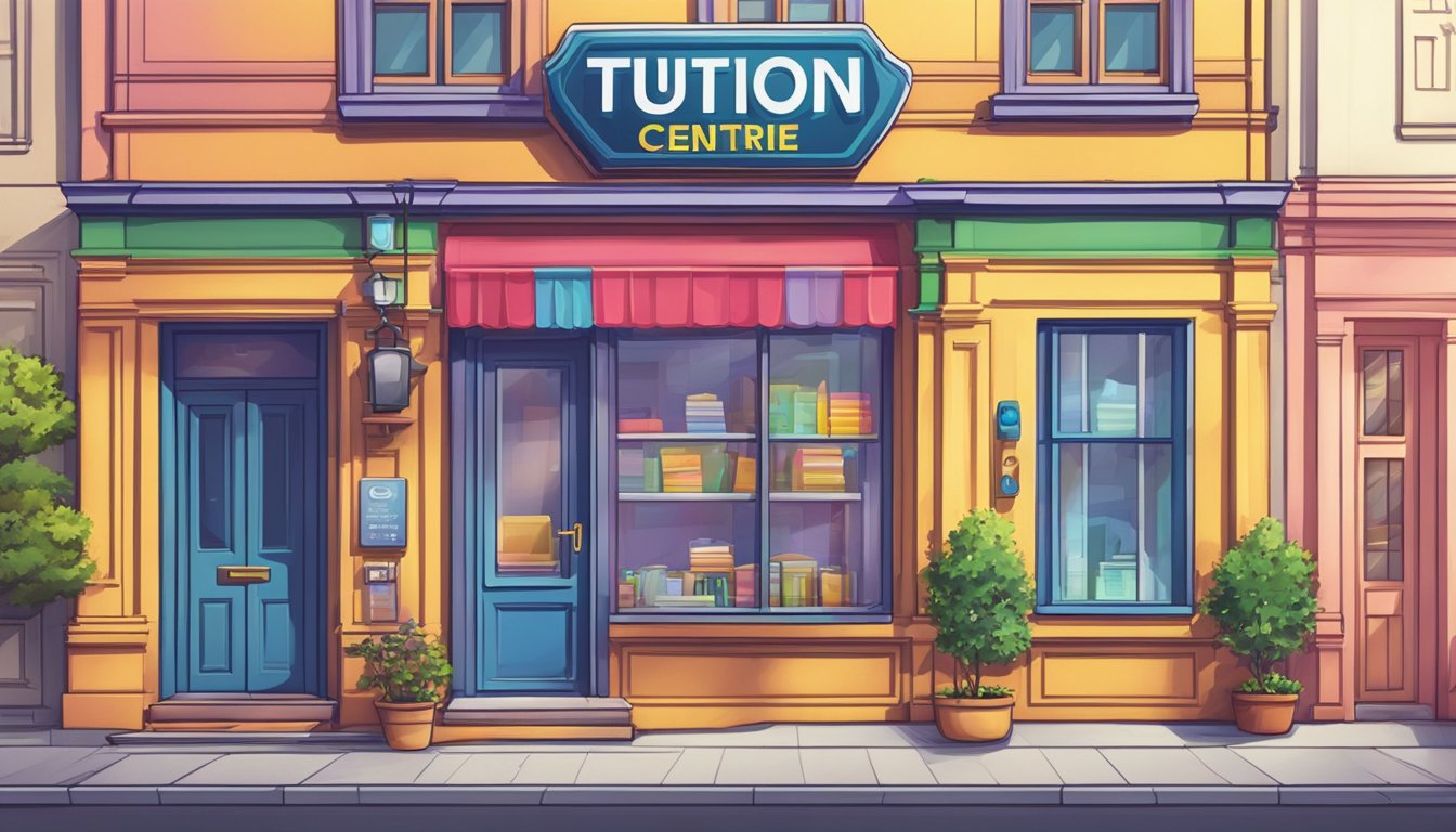 A "Tuition Centre for Sale" sign hangs on a window of a small, brightly lit building. The exterior is clean and inviting, with a colorful logo displayed prominently