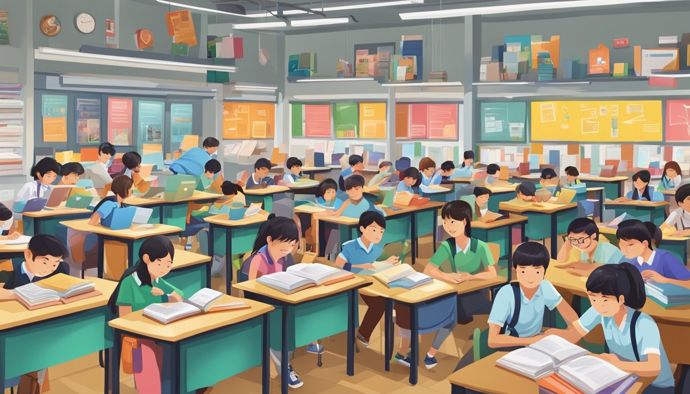 A bustling tuition center in Singapore, with students studying diligently in small groups, surrounded by colorful educational posters and shelves of textbooks