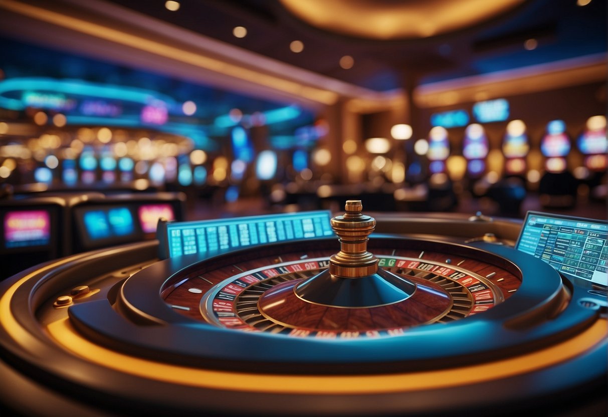 A vibrant casino setting with digital currency symbols, a sleek interface, and a sense of excitement and possibility