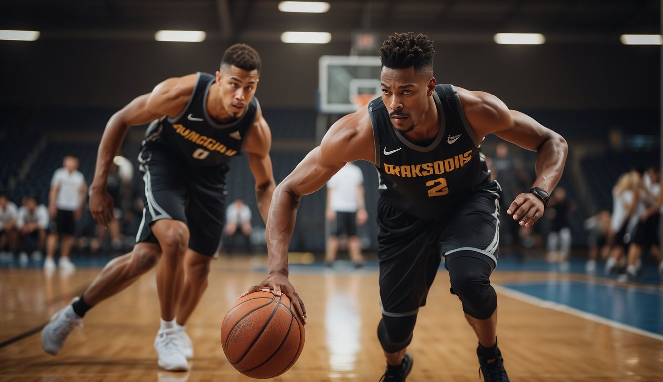 Players executing advanced fitness drills on a basketball court. Sweat drips as they sprint, jump, and pivot, demonstrating the physical demands of the sport