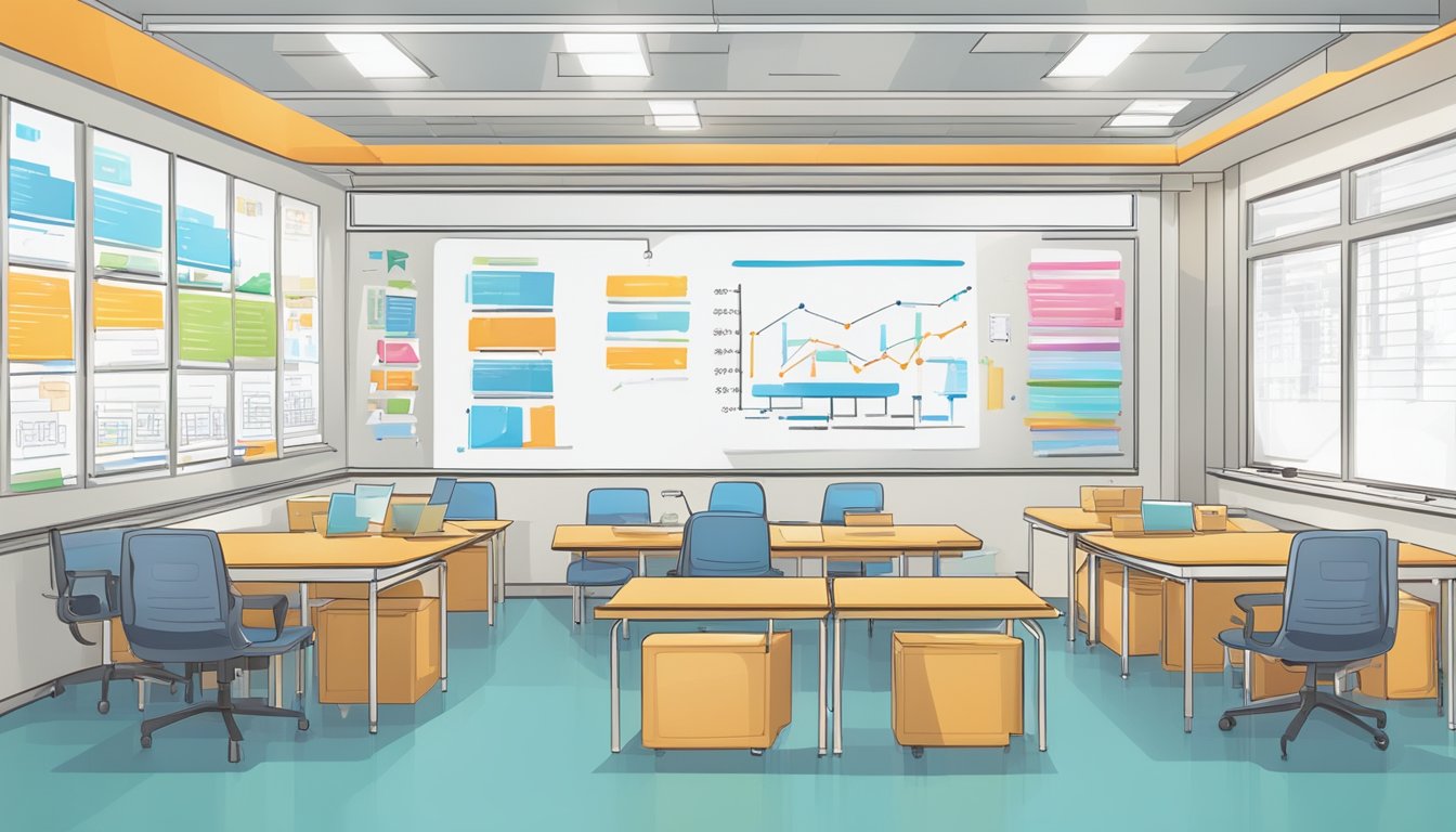 A brightly lit tuition centre with modern decor and educational materials on display. A whiteboard filled with strategic insights and investment data