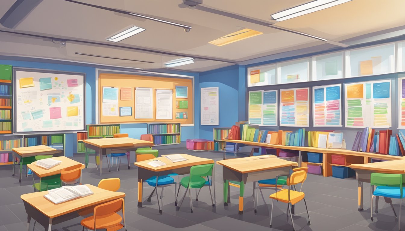 A brightly lit tuition center with colorful posters, desks, and chairs neatly arranged. A whiteboard at the front displays the schedule and a bookshelf holds various educational materials