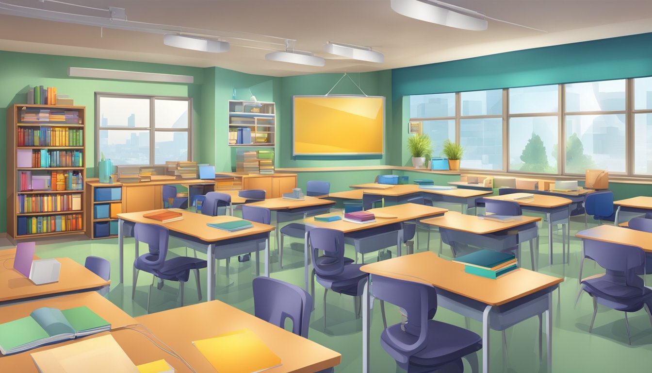 A modern classroom with advanced technology and diverse learning materials, reflecting a progressive educational philosophy and innovative curriculum in Silicon Valley
