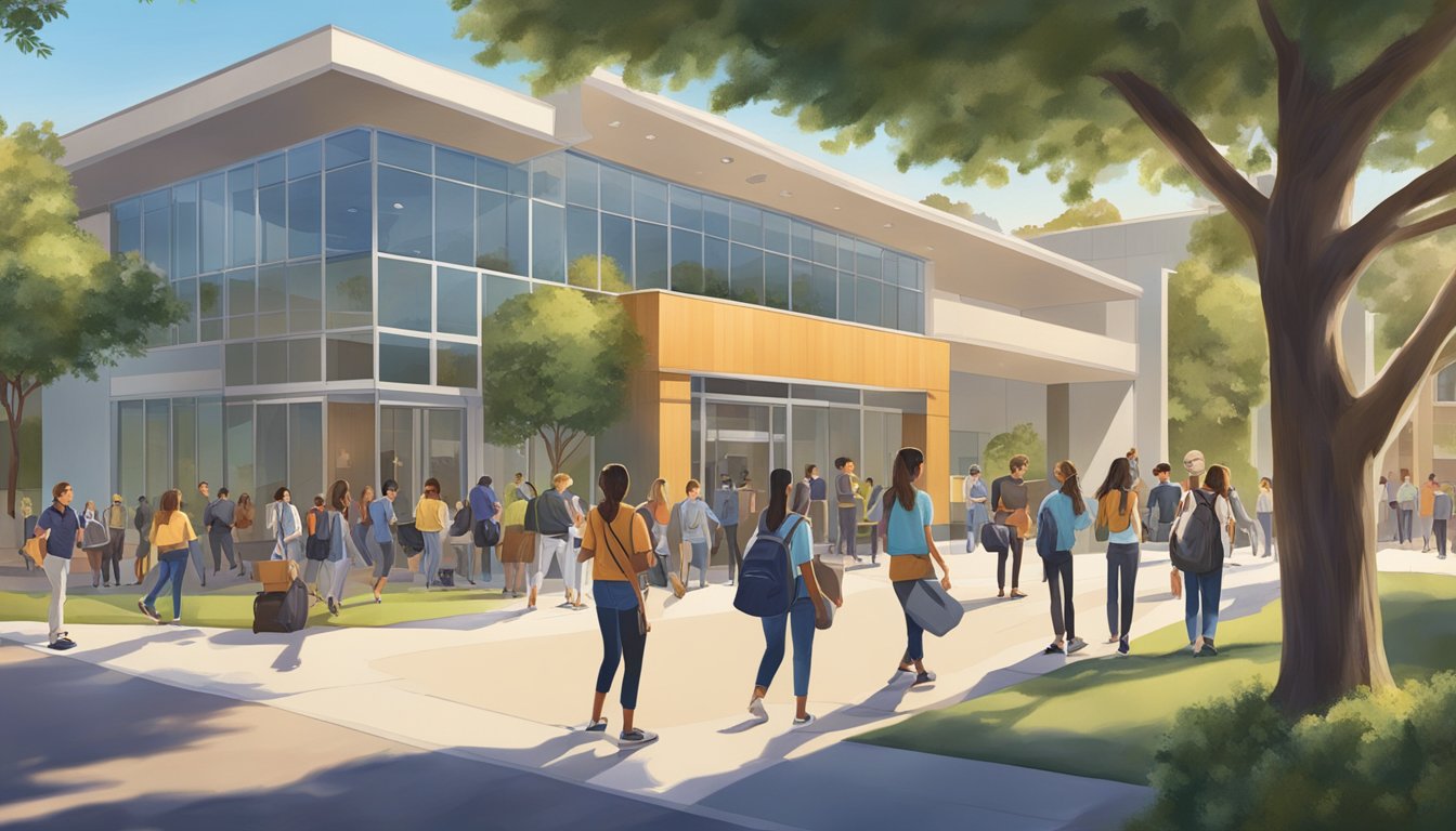 Students gather around the admissions office, while others enjoy campus life activities. The Silicon Valley tuition sign stands prominently in the background