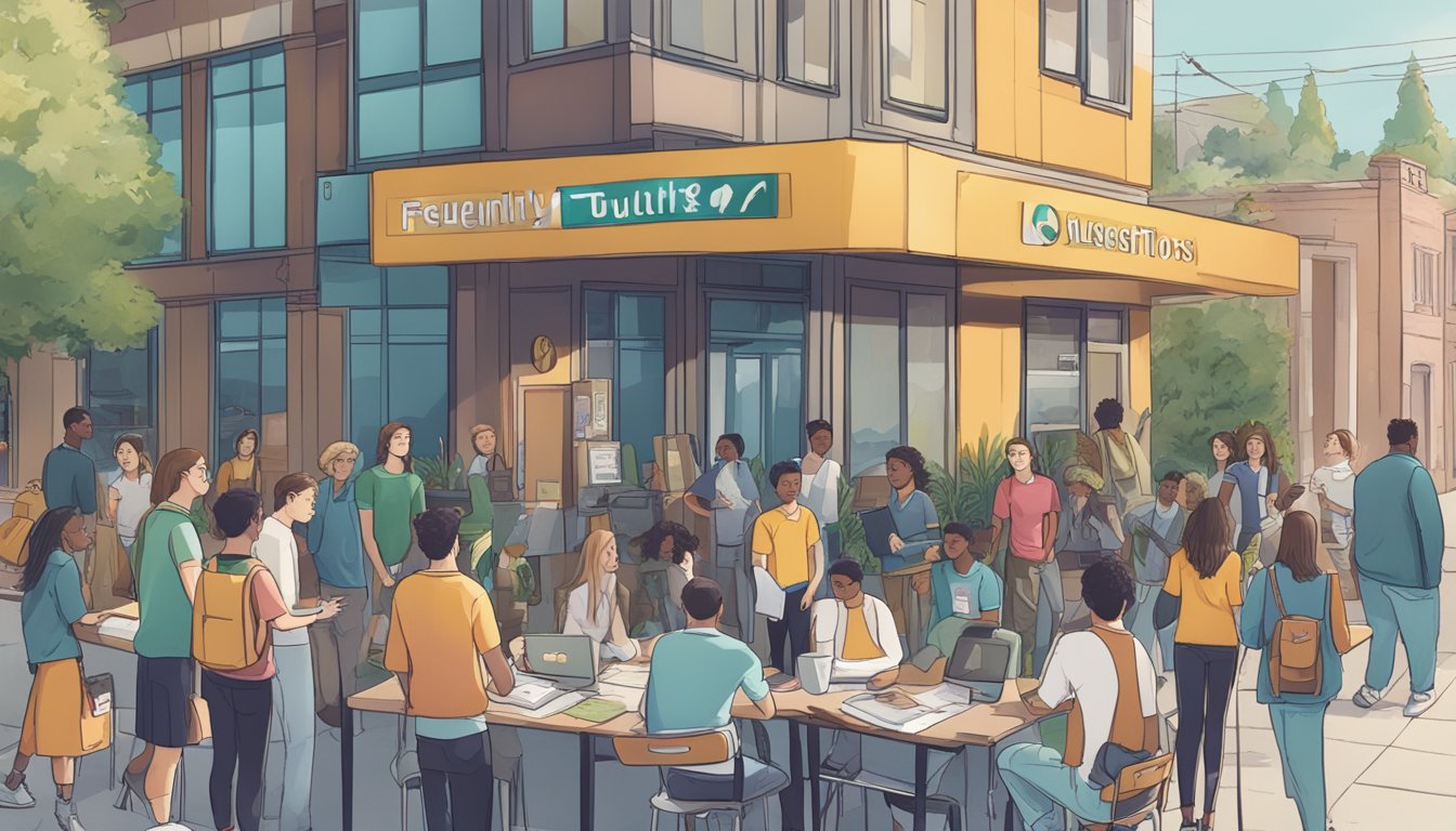 A bustling Silicon Valley street with a sign reading "Frequently Asked Questions" and a group of students gathered around a tutor