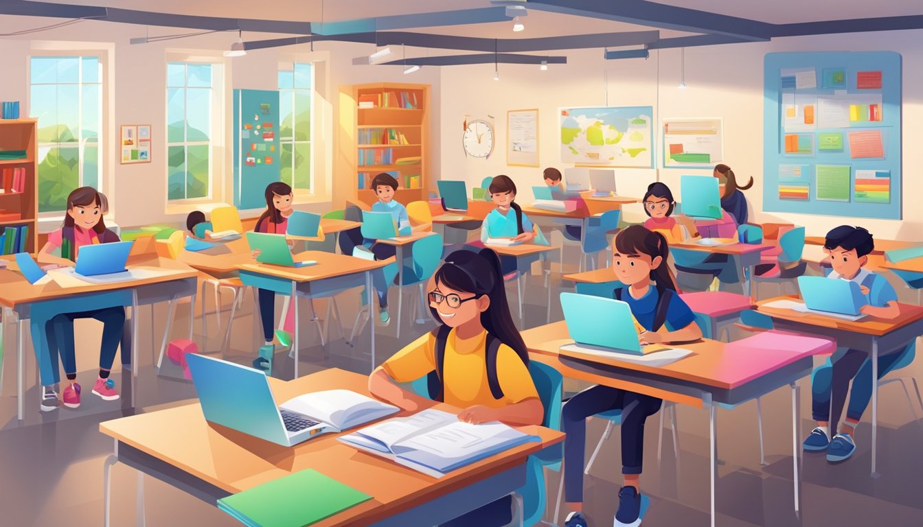 A bright and modern tuition centre with students engaged in learning activities, surrounded by colorful educational materials and interactive technology