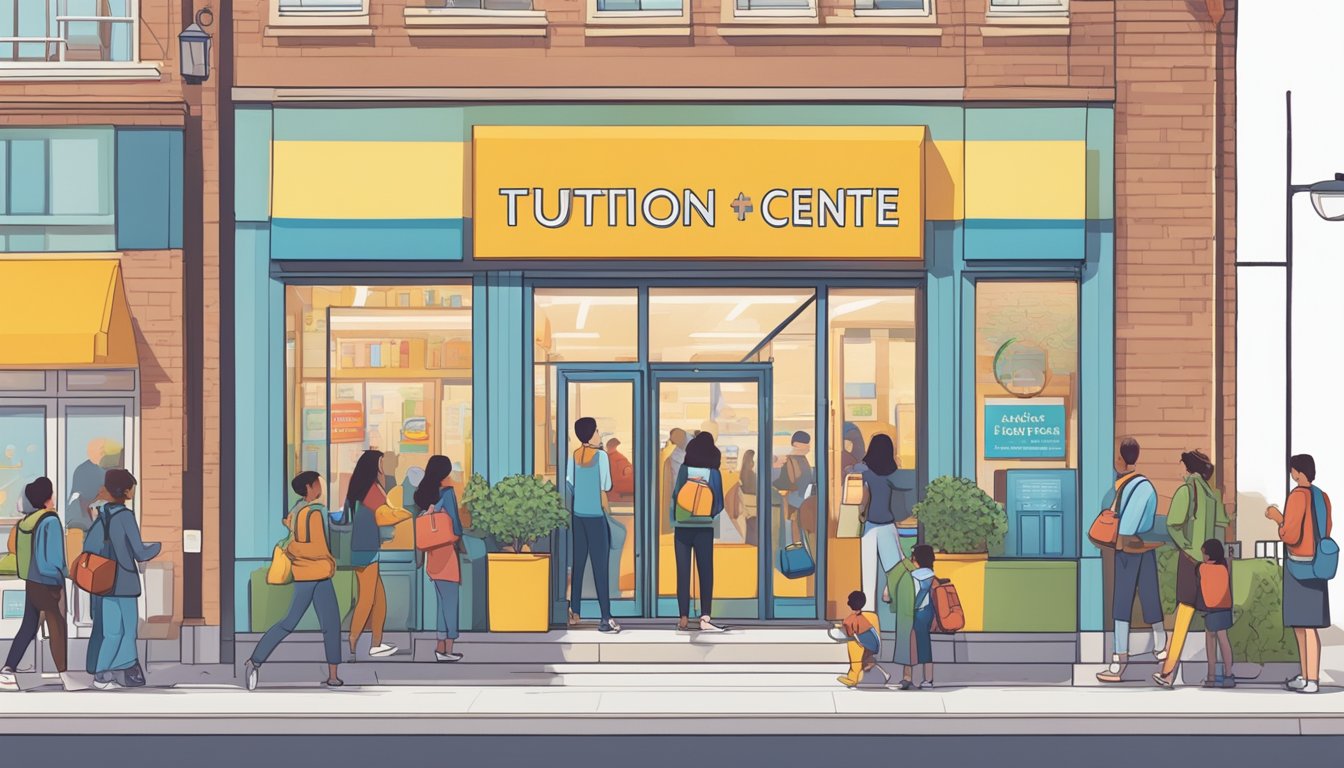 A bright, welcoming storefront with a sign reading "Tuition Centre Franchise" above the entrance. A line of eager students and parents waiting to enroll