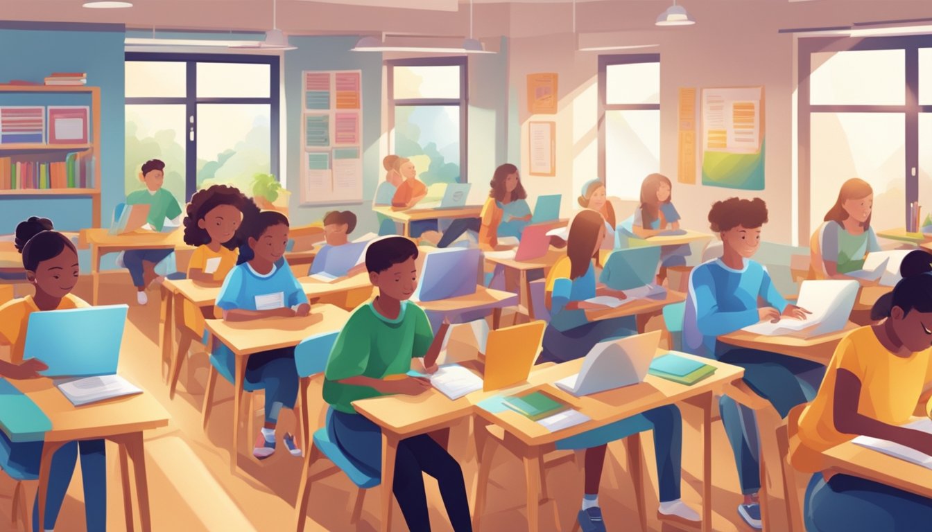 A brightly lit, modern tuition center with colorful educational materials and engaged students working at their desks