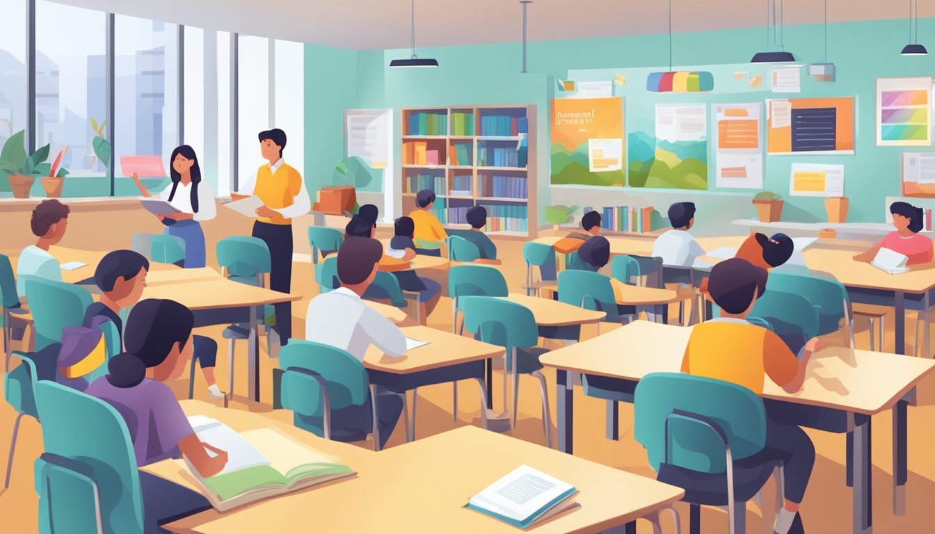 A brightly lit tuition centre with a "Frequently Asked Questions" sign, study materials, and students engaged in learning activities