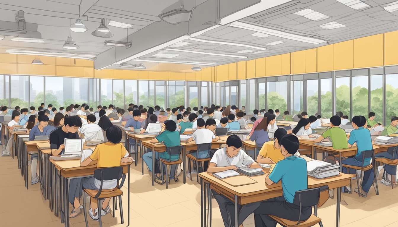 Students studying diligently in a crowded tuition center, while parents anxiously wait outside. The pressure to excel in academics is palpable, reflecting the intense impact of Singapore