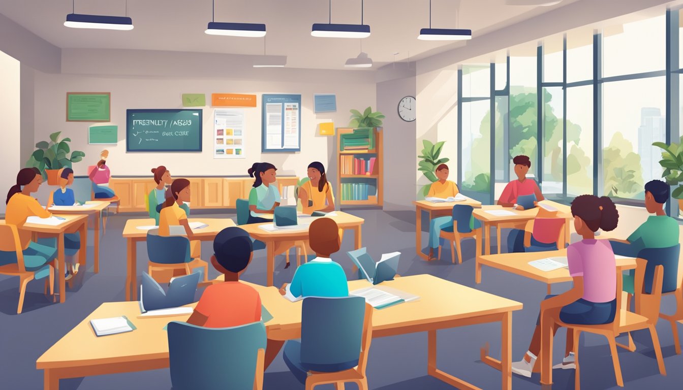 A bright and welcoming tuition centre with a sign displaying "Frequently Asked Questions" and a group of students engaged in learning activities