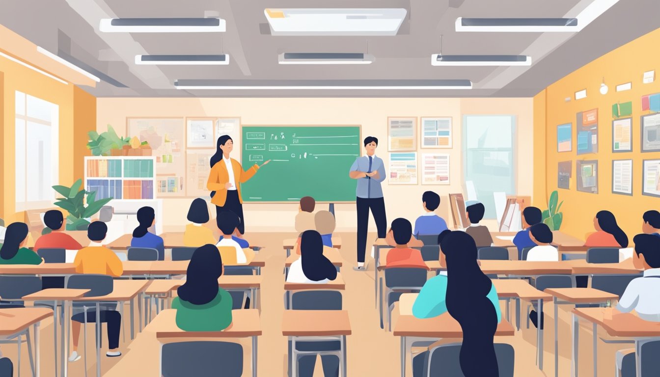 A classroom with diverse students and a teacher answering questions about Singapore tuition culture