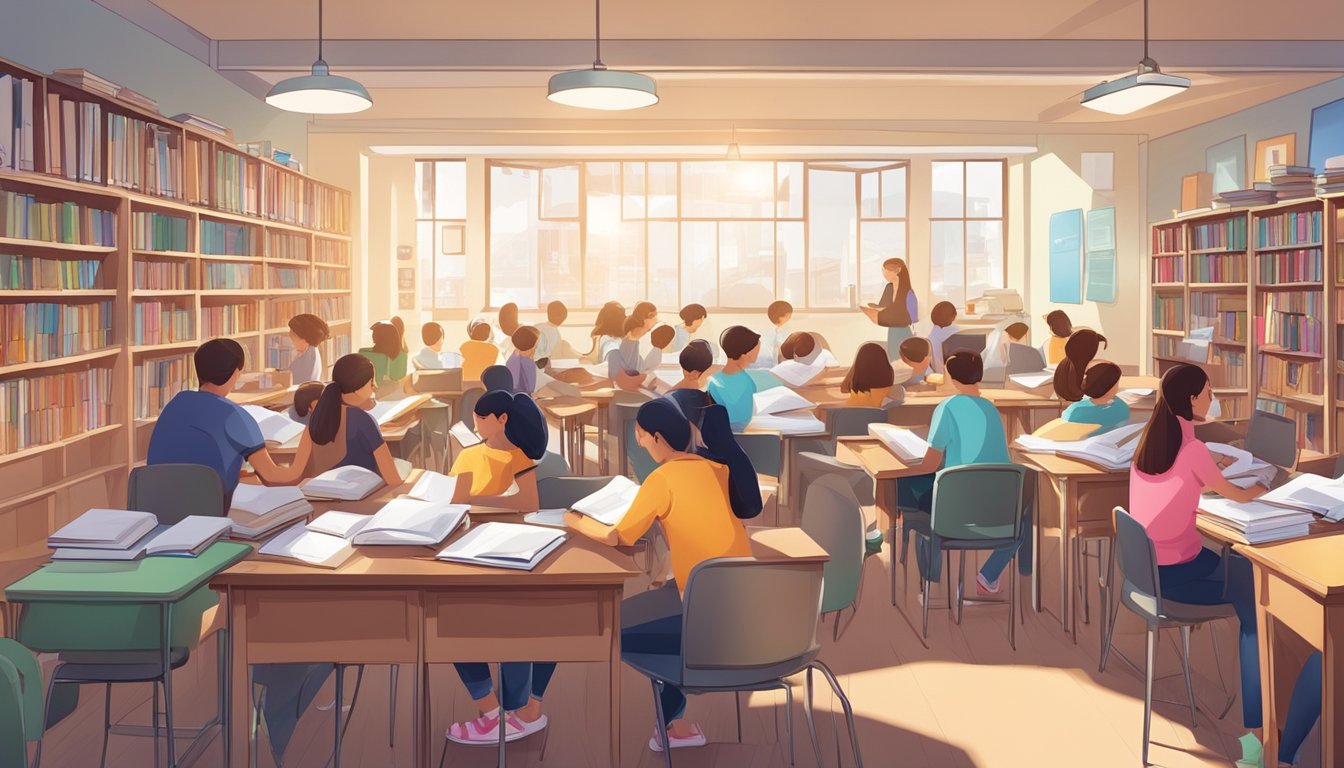 A bustling tuition center with students engrossed in study, surrounded by books and educational materials. Brightly lit and organized, with a whiteboard at the front