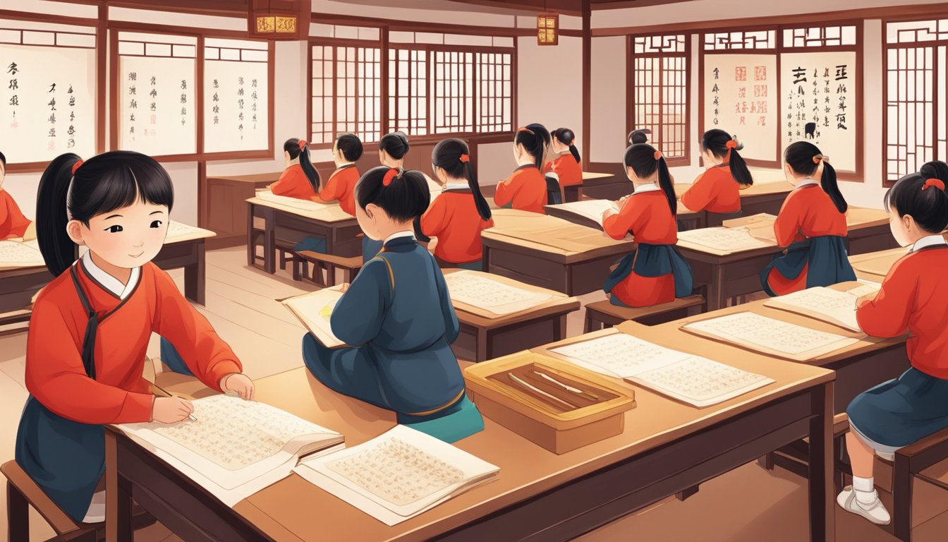 A traditional Chinese classroom with a red and gold color scheme, students practicing calligraphy and reciting Chinese characters