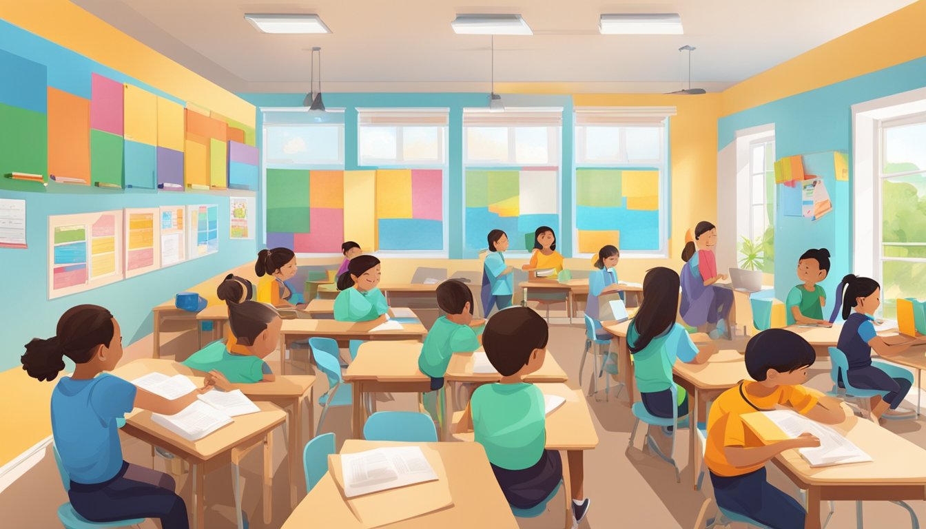 A bright and welcoming classroom at Protor Tuition Centre, with colorful educational materials on the walls and a group of engaged students working together at their desks