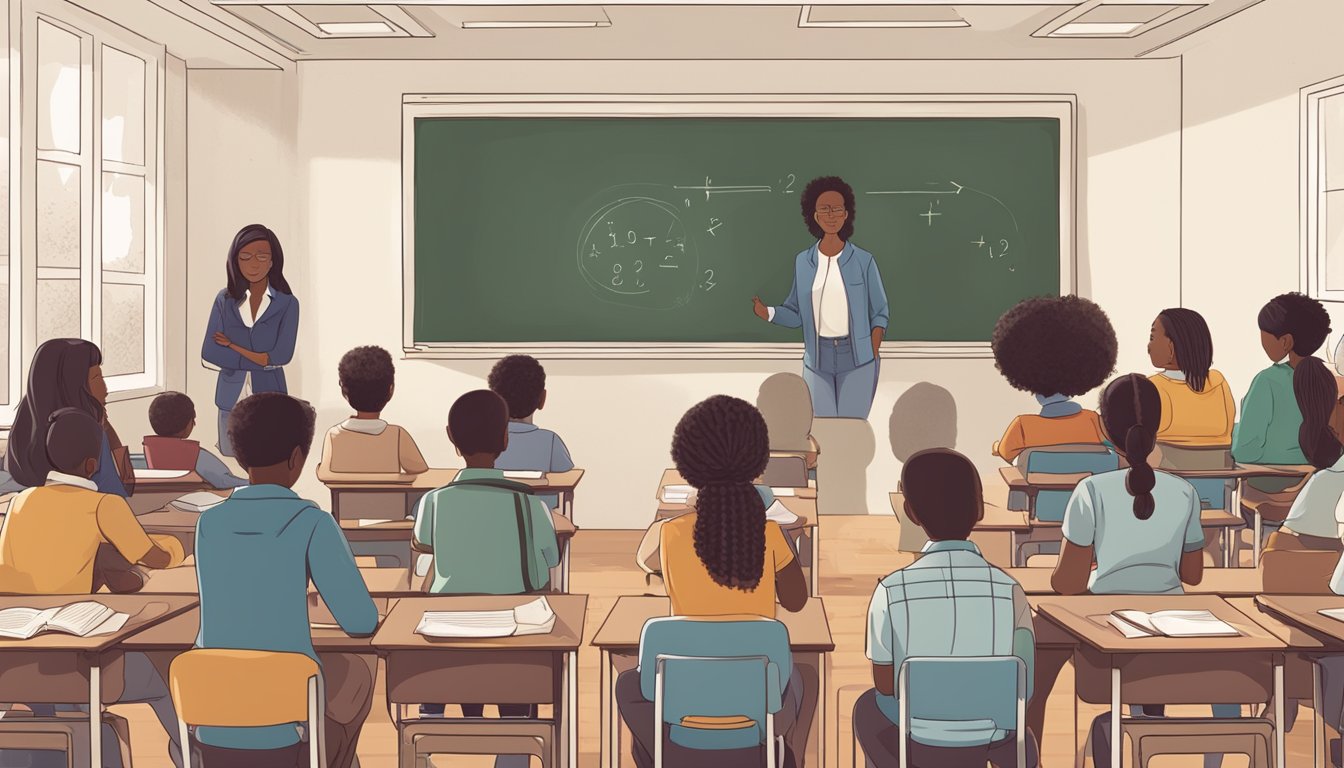 A group of diverse students sit in a classroom, focused on a teacher at the front of the room. Books, notebooks, and a chalkboard with mathematical equations are visible