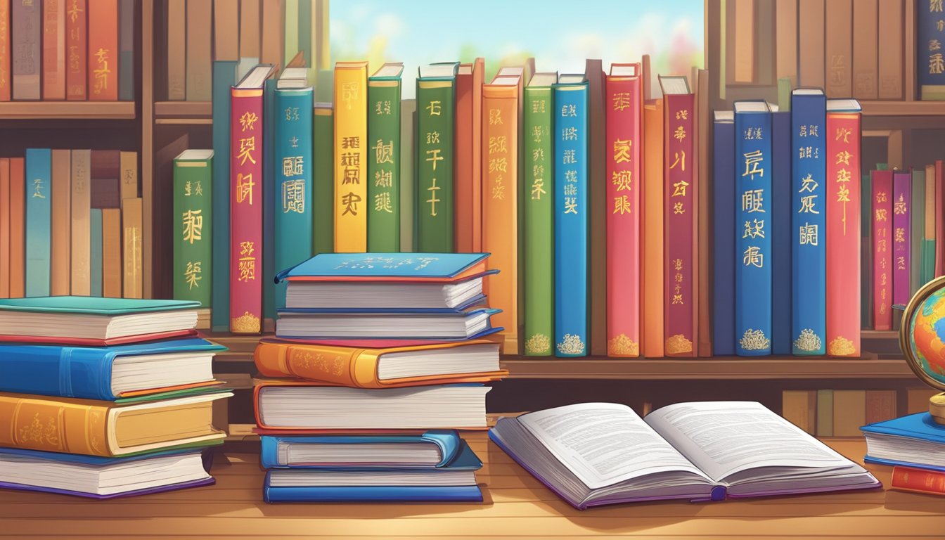 A colorful array of Chinese language textbooks and educational materials arranged neatly on a desk, with a bright and inviting atmosphere